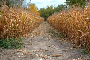 Dry corn stalks forming a path through a cornfield in autumn photo