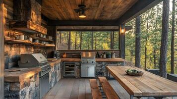 Outdoor rustic kitchen inspiring cooking in nature with forest view photo