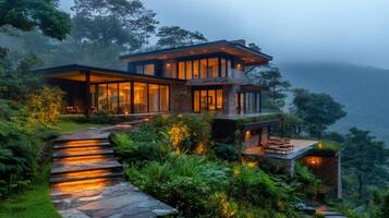 Modern mountain home embracing nature at dusk with illuminated pathway photo