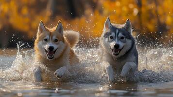Two happy huskies running and splashing in water with autumn background photo