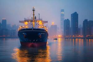 Large container ship sailing on river at dusk with city skyline in background photo