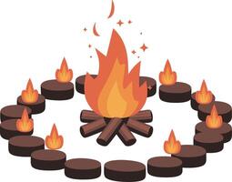 Campfire Illustration with Flames and Logs in Circular Setting vector