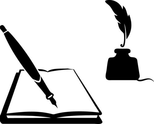 Illustration of Fountain Pen with Open Book and Quill Inkwell for Writing Themes