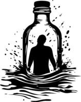 Silhouette in Bottle with Splashing Waves Symbolizing Isolation and Confinement vector
