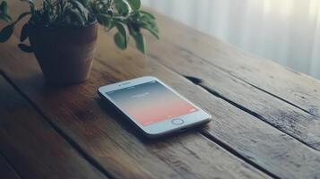 Iphone mockup on wooden table photo