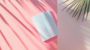 A white square on a pink wall next to palm leaves photo