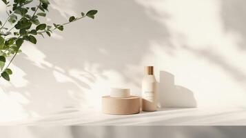 A bottle of shampoo and a plant on a table photo