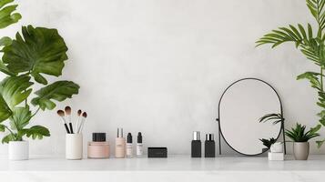 A white wall with a mirror, makeup products and plants photo