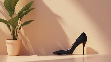 A pair of high heeled shoes and a plant on a table photo