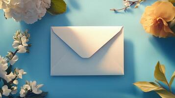 An envelope surrounded by flowers on a blue background photo
