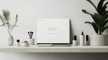 A white shelf with various cosmetics and plants photo