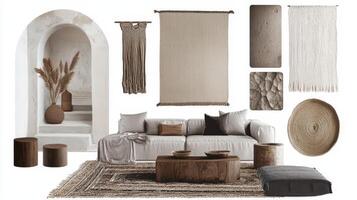 A neutral living room with a sofa, rug, and other items photo