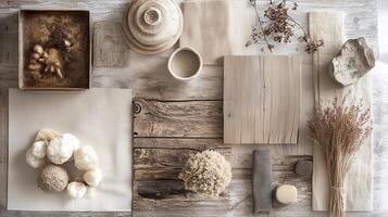 Various materials and objects on a wooden table photo
