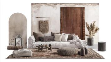 A living room with a couch, a rug and a wooden wall photo