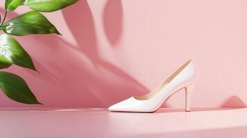 White high heeled shoes on a pink background photo