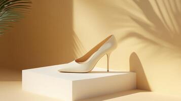 A white shoe on a pedestal next to a palm tree photo