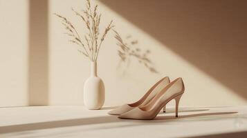 A pair of high heels and a vase on a table photo