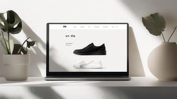 Shoes on a laptop and a plant on a table photo