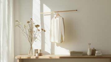 A white room with a wooden table and clothes hanging on a clothes rack photo