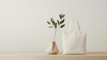 A white bag and a vase with a plant on a table photo
