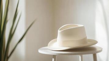 A white hat sits on top of a stool photo