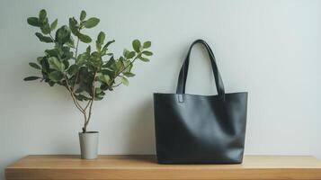 A black leather tote bag on a shelf next to a potted plant photo