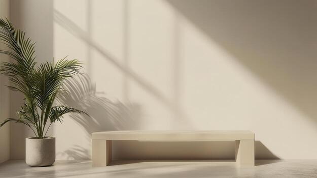 A white bench and a plant in front of a window photo