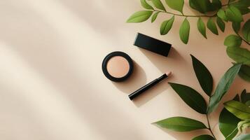 Makeup products on a beige background with leaves photo