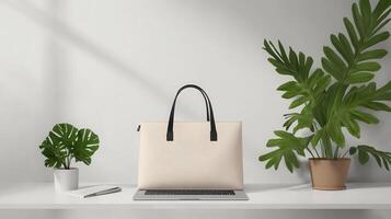 A white bag and laptop on a desk with a plant photo