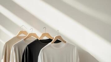 Three white and black t - shirts hanging on hangers photo