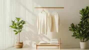 Clothes hanging on a wooden rack in a room photo