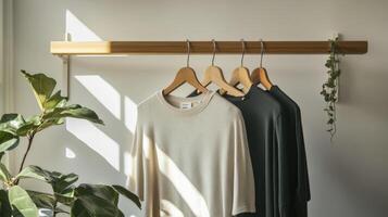 Three shirts hang on a wooden rack in front of a window photo