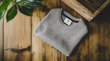 A gray sweater on a wooden table photo