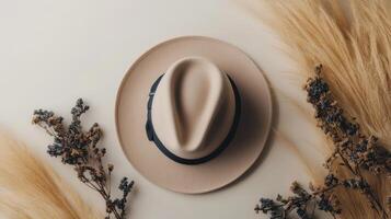 A hat and some dried grasses on a white surface photo