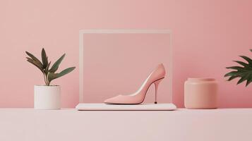 A pink high heel shoe is sitting on a table next to a plant photo