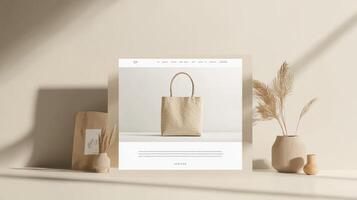 A white bag sitting on a table with a vase and a plant photo
