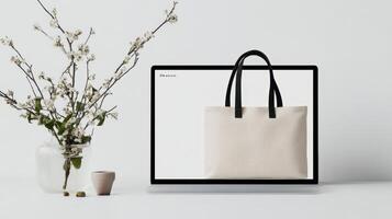 A tote bag on a laptop screen photo