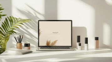 Laptop with cosmetics and plant on desk photo