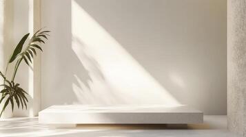 A white square table in front of a wall photo