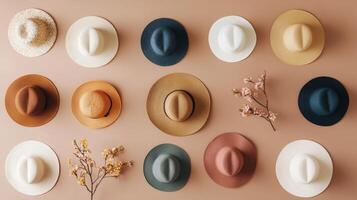 A variety of hats are arranged on a wall photo