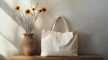 A cotton bag and a vase of sunflowers on a wooden table photo
