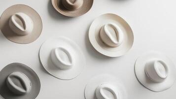 A wall of hats on a white background photo