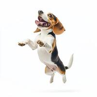lively beagle dog jumping in air, showcasing its playful spirit and tri color coat. This energetic pose captures joy and enthusiasm of this hunting breed photo