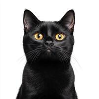 Sleek black cat with striking yellow eyes, showcasing its elegant features and curious expression. This high resolution image captures essence of feline beauty and charm photo