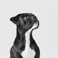 medium sized boxer dog with sleek black coat and white markings, looking upwards with inquisitive expression. This vibrant photo captures dog playful spirit and charm