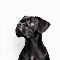 medium sized black dog with shiny coat and expressive eyes, looking thoughtfully to side. This vibrant photo captures dog unique features and personality