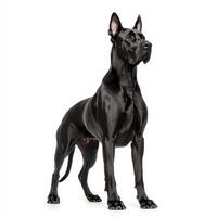majestic Great Dane stands tall with glossy black coat, showcasing its impressive stature and elegance. This giant breed exudes confidence and grace, making it striking presence photo