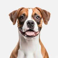 Energetic boxer dog with friendly expression, showcasing its playful nature and photorealistic features. This breed is known for its loyalty and companionship photo