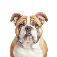 Bulldog with wrinkled face and expressive eyes, showcasing medium breed features and sharp details. This portrait captures dog unique personality and charm photo