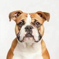 medium breed bulldog with sharp details and wrinkled face, showcasing calm and expressive demeanor against neutral background photo